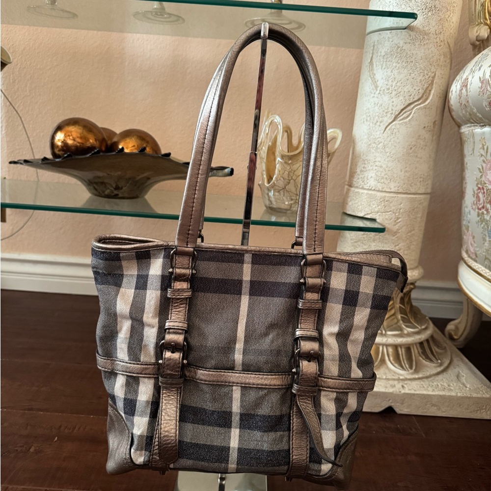 BURBERRY SILVER SHIMMER CHECK DEGRADE TOTE BAG